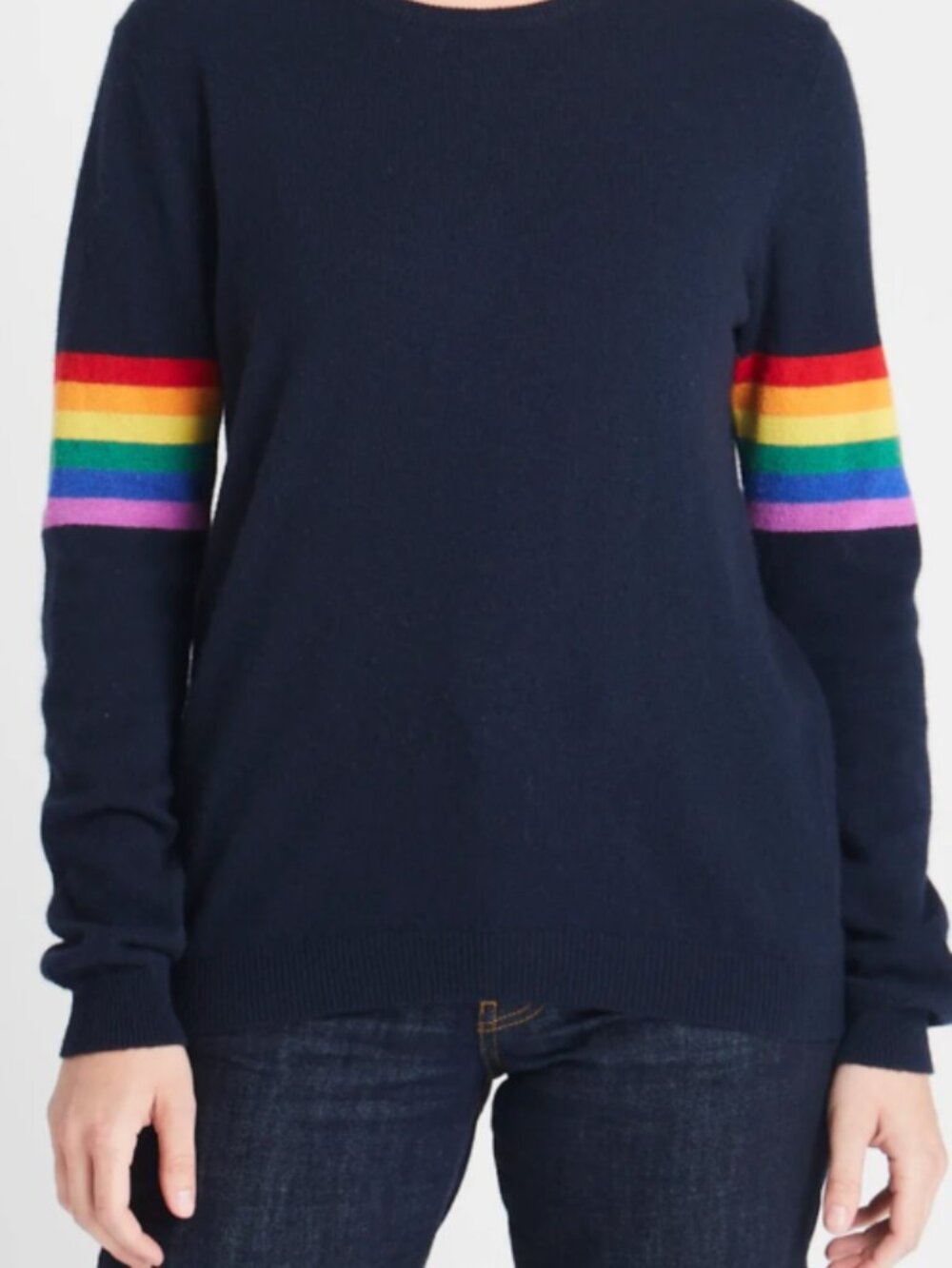 Jumper 1234 100% Cashmere Stripe Arms Sweater - Navy Blue,